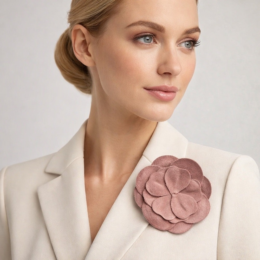 GAP Dusty Rose Suede Leather Camellia Flower Brooch Pin Pink Floral Lapel J-01